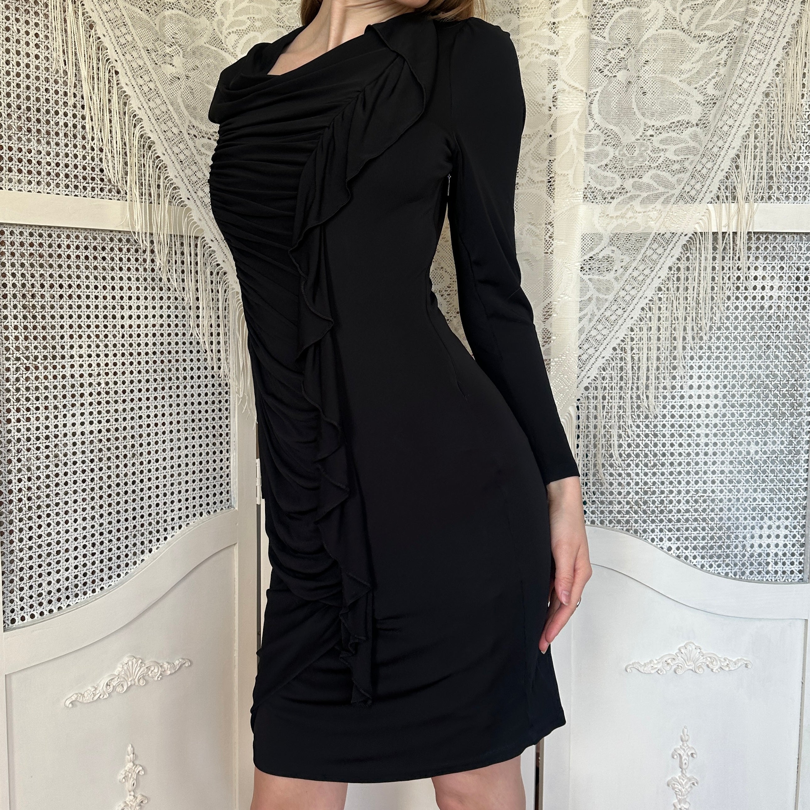 Roberto Cavalli Black Slinky Draped Midi Dress (M)