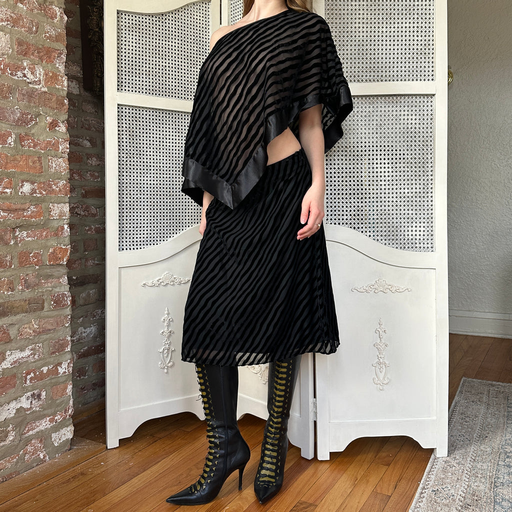 Vintage Striped Silk Poncho & Skirt Set (M)