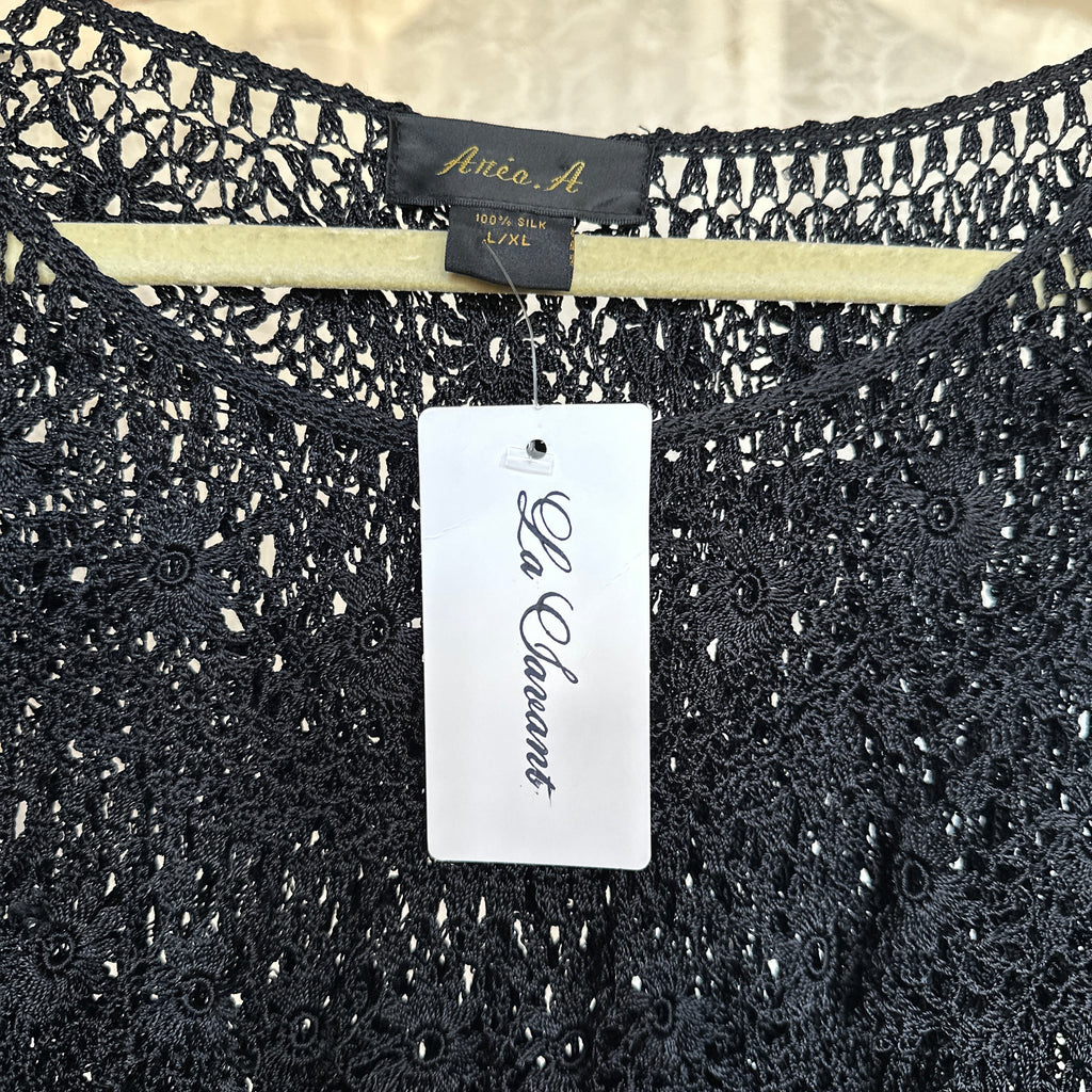 True Vintage Black Crochet Ruffle Blouse (S/M)