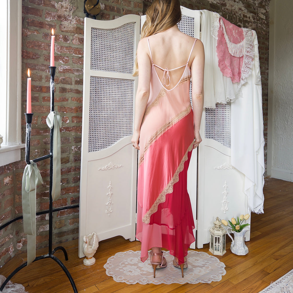 1998 Victora's Secret Pink Tiered Silk Slip Dress