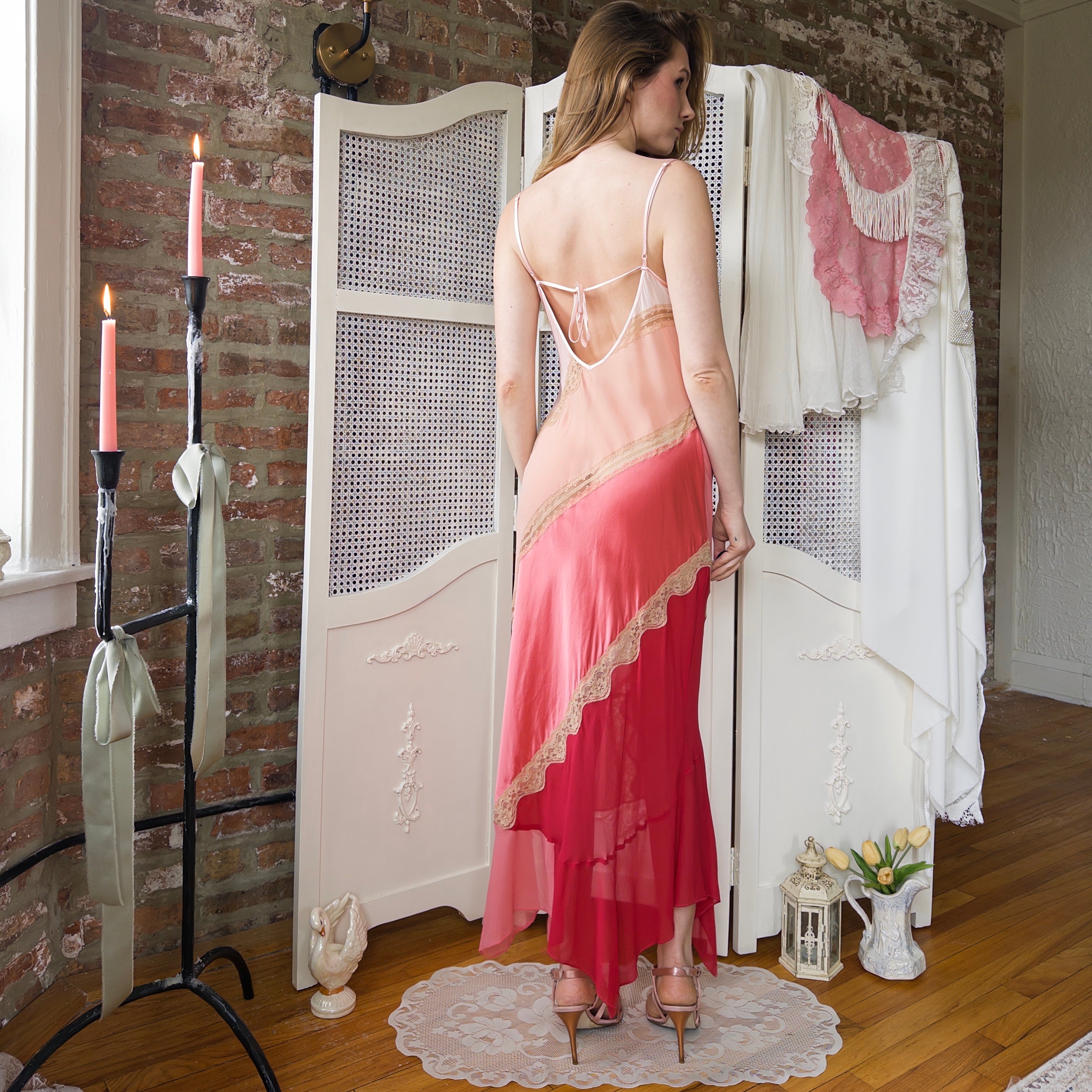 1998 Victora's Secret Pink Tiered Silk Slip Dress