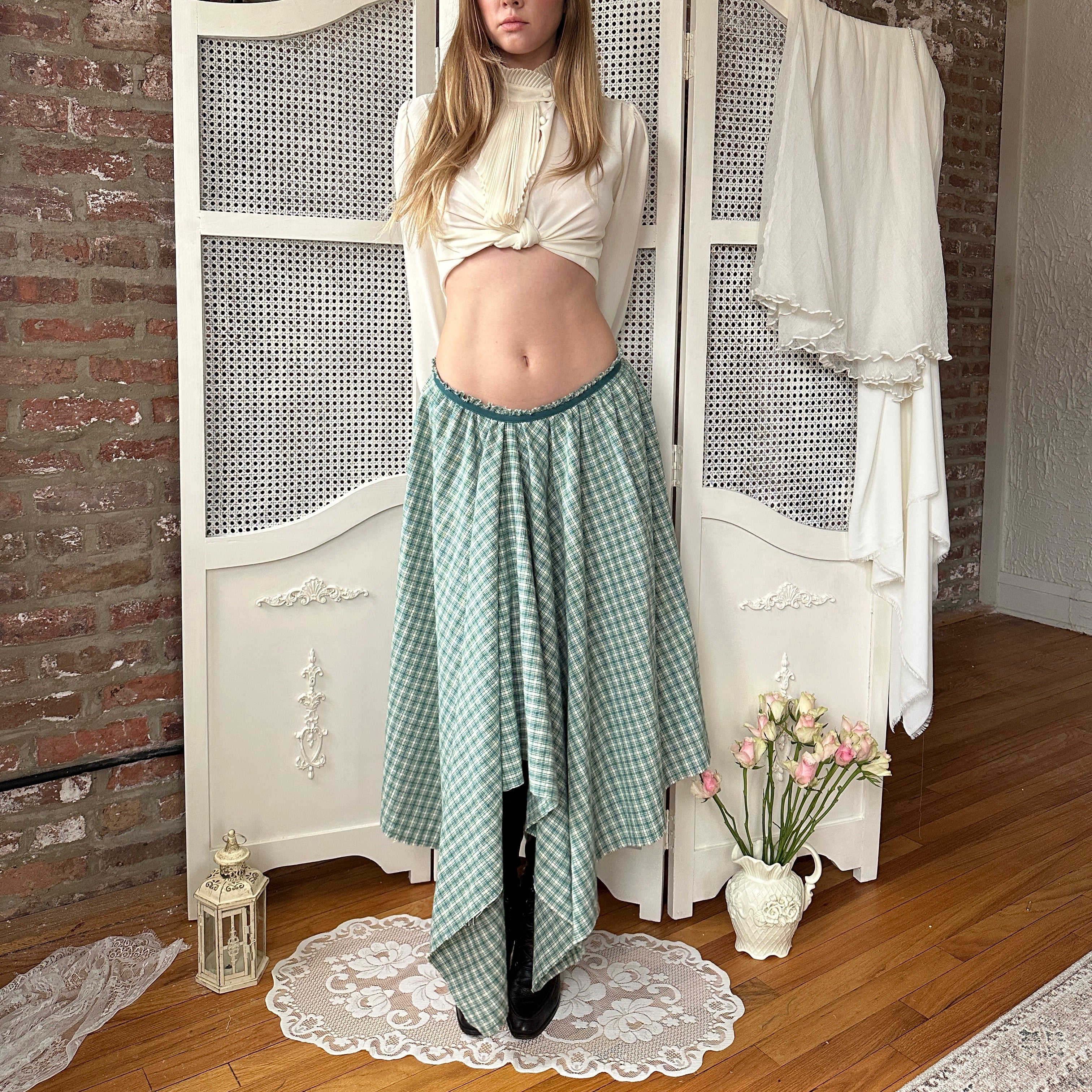 The Violet Asymmetrical Green Plaid Midi Skirt (S)