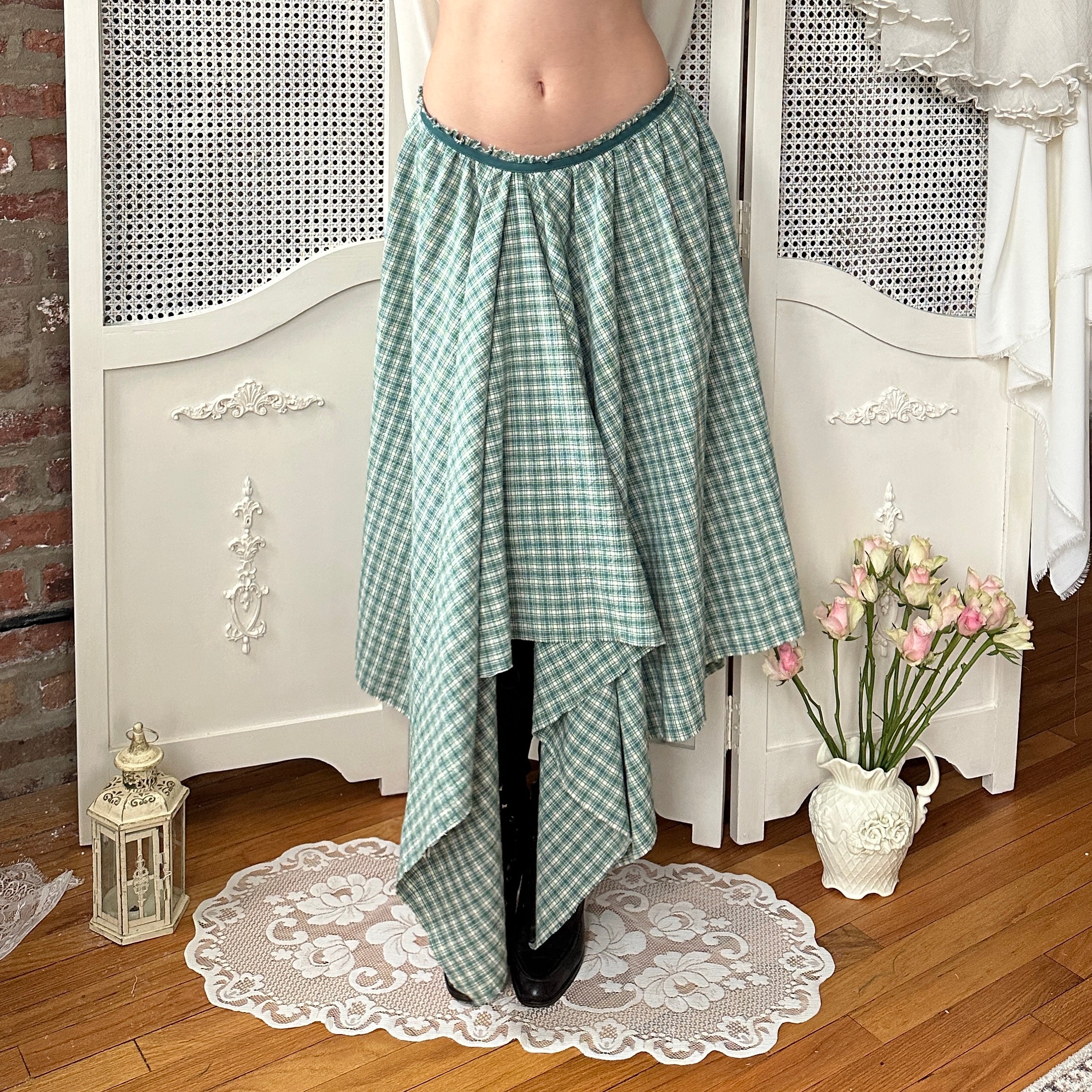 The Violet Asymmetrical Green Plaid Midi Skirt (S)