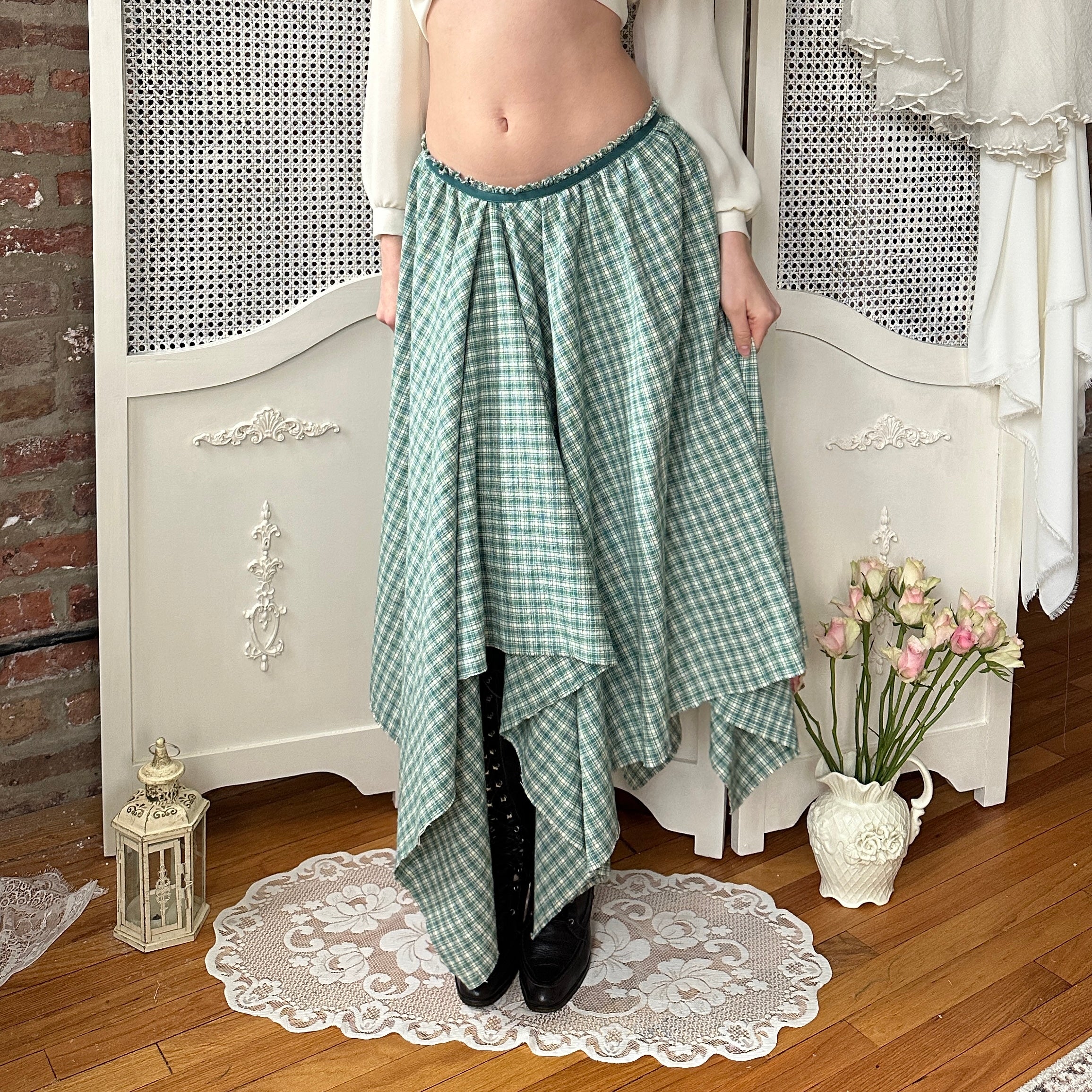 The Violet Asymmetrical Green Plaid Midi Skirt (S)