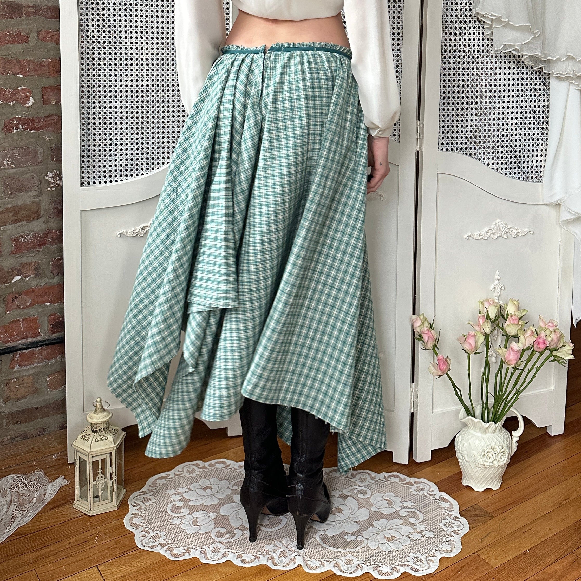 The Violet Asymmetrical Green Plaid Midi Skirt (S)